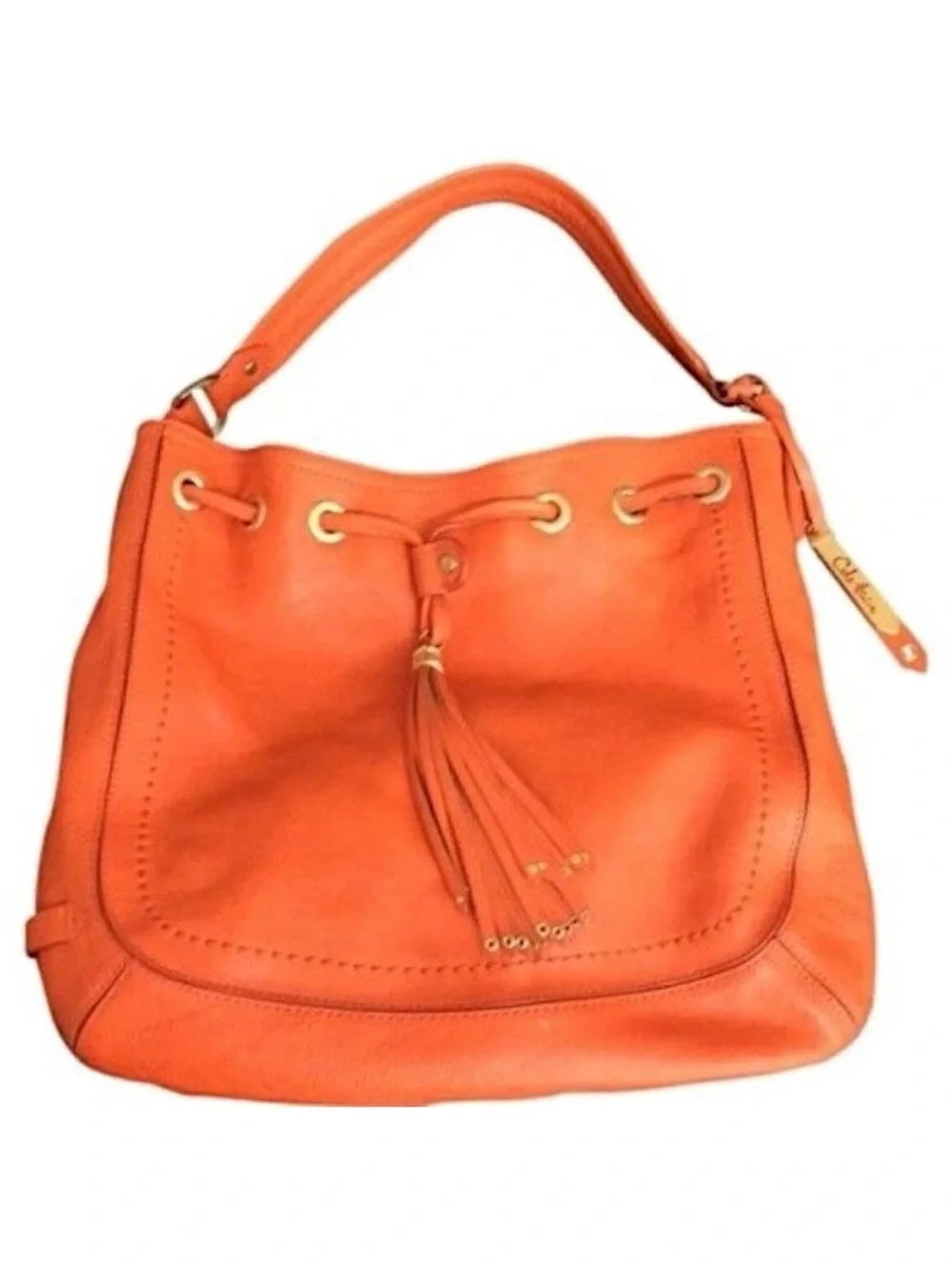 Cole Haan Orange Leather Tassel Drawstring Hobo Shoulder Bag with Dust Bag